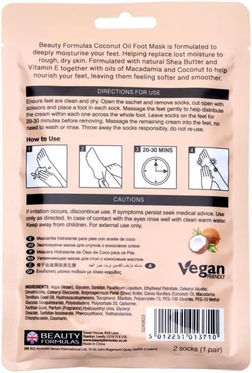 BEAUTY FORMULAS - Coconut Oil Foot Mask - 2 Socks 1 Pair